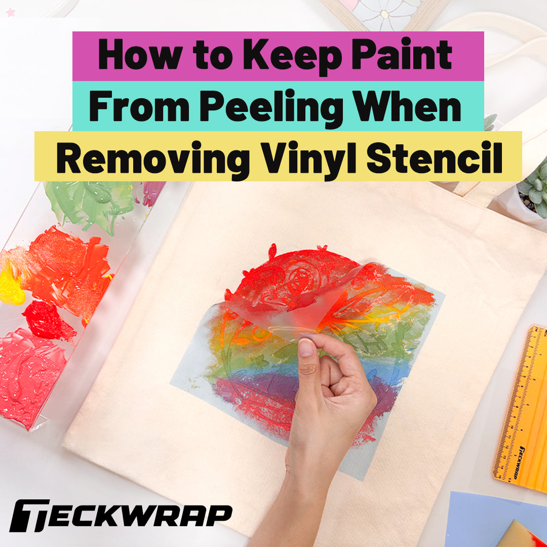 Hand peeling a vinyl stencil from a colorful rainbow paint design on fabric. Text above reads "How to Keep Paint From Peeling When Removing Vinyl Stencil.