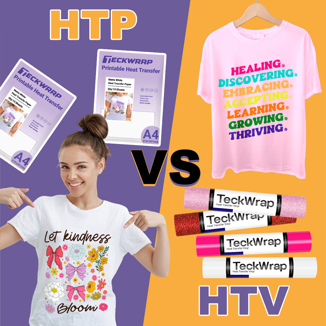 Visual comparison of Heat Transfer Paper with printed T-shirt design versus Heat Transfer Vinyl with colorful text T-shirt and vinyl rolls.