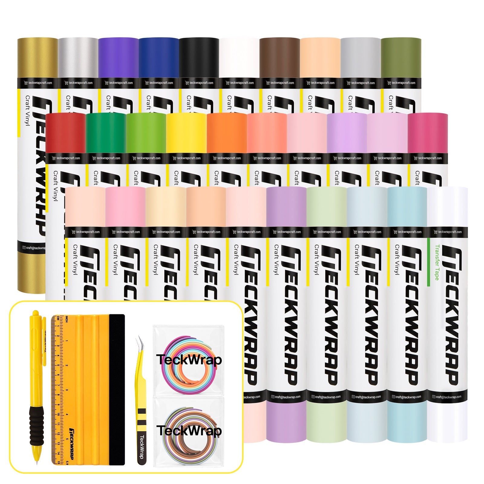 TeckWrap 001 Matte craft vinyl bundle, 12 inch x 5ft rolls with transfer tape and tools
