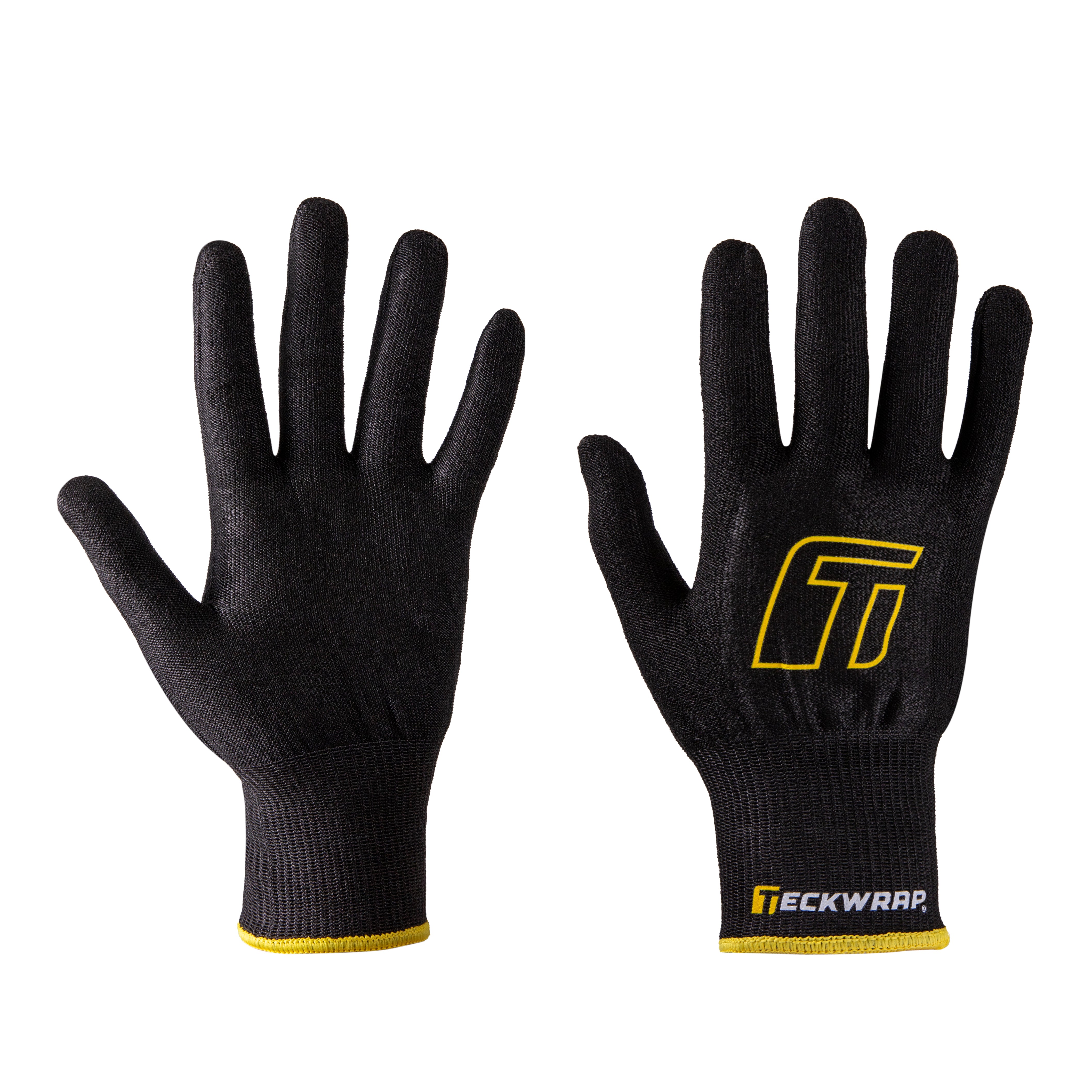 TeckWrap premium Level 3 cut-resistant black gloves with yellow accents